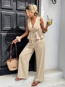 Serisse 2件套 100%纯棉女士休闲度假裤，女士夏季套装，女士户外服装 - 杏色 - 查看 3