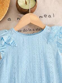 SHEIN LMoss Kids Tween Girl 2 Pieces Set: Casual Comfortable Round Neck Ruffle Blouse And Pants - Blue - View 5