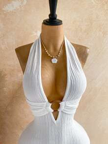 Soleia 女士白色纹理针织露背连体裤，饰有圆形圆环，优雅性感，适合万圣节、圣诞节、度假等场合。 - 米色 - 查看 5