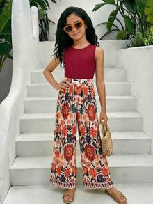 SHEIN Set Pakaian Liburan untuk Remaja Perempuan: Atasan Tank Top Leher Bulat Warna Polos dan Celana Panjang Lebar Motif Bunga - MultiWarna - View 6