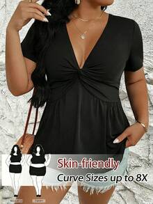 SHEIN CURVE+ Plus Size Women's Front Twist Ruched V-Neck Short Sleeve T-Shirt, Summer Tee Date Night Black - Black - View 1