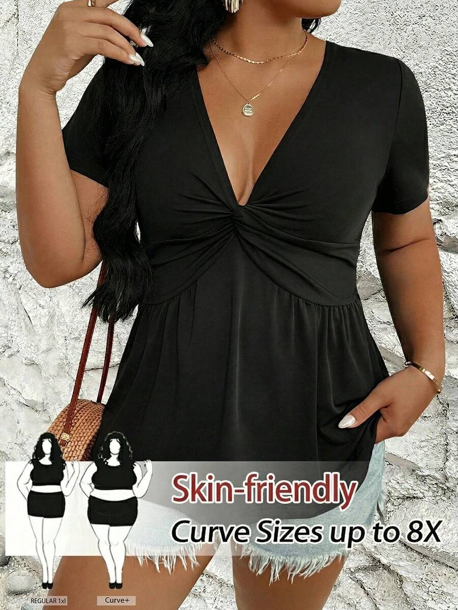 SHEIN CURVE+ Plus Size Women's Front Twist Ruched V-Neck Short Sleeve T-Shirt, Summer Tee Date Night Black - Black - View 1