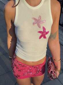 Livesso 女士圆领无袖休闲修身罗纹亮片背心，夏季 - 白色 - 查看 7