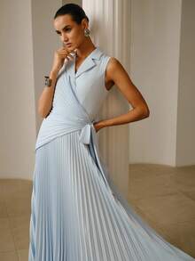 ZEYLAH Asymmetric Pleated Collar Dress, Spring/Summer - Blue - View 6