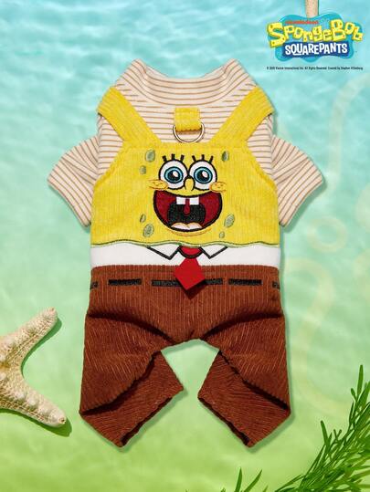 SpongeBob SquarePants | PETSIN 1 bộ quần áo cho thú cưng, áo liền quần kẻ sọc hoạt hình thêu, chất liệu nhung kẻ, kiểu dáng thoải mái, phù hợp cho mèo/chó.