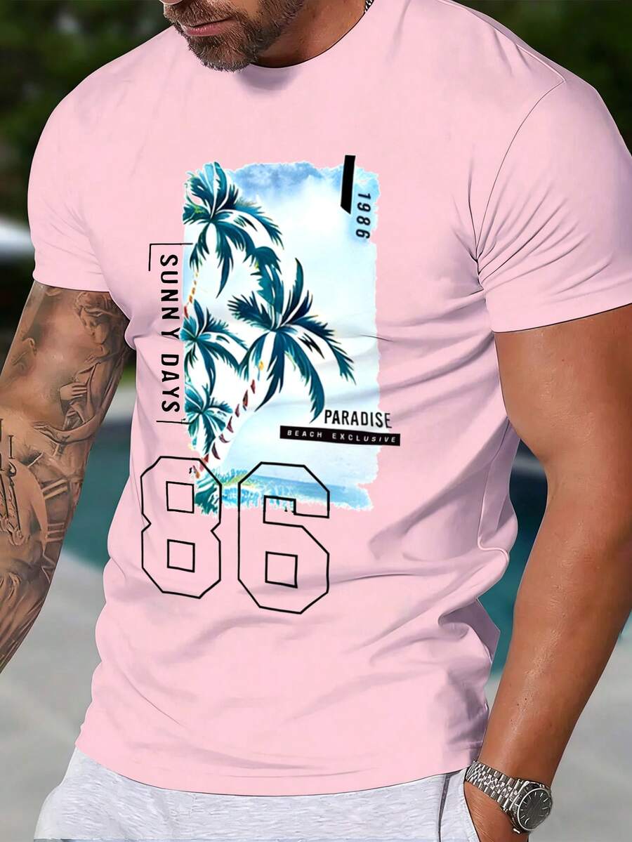 Manfinity RSRT 男士休闲椰子棕榈沙滩图案圆领短袖T恤，百搭度假风 - 彩色 - 查看 1