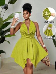Maweii Plus Size Women's Olive Green Summer 70's Night Out Club Party Elegant Jacquard High Stretch Halter Neck Dress,Metal Decor,Backless Asymmetric Hem - Green - View 1