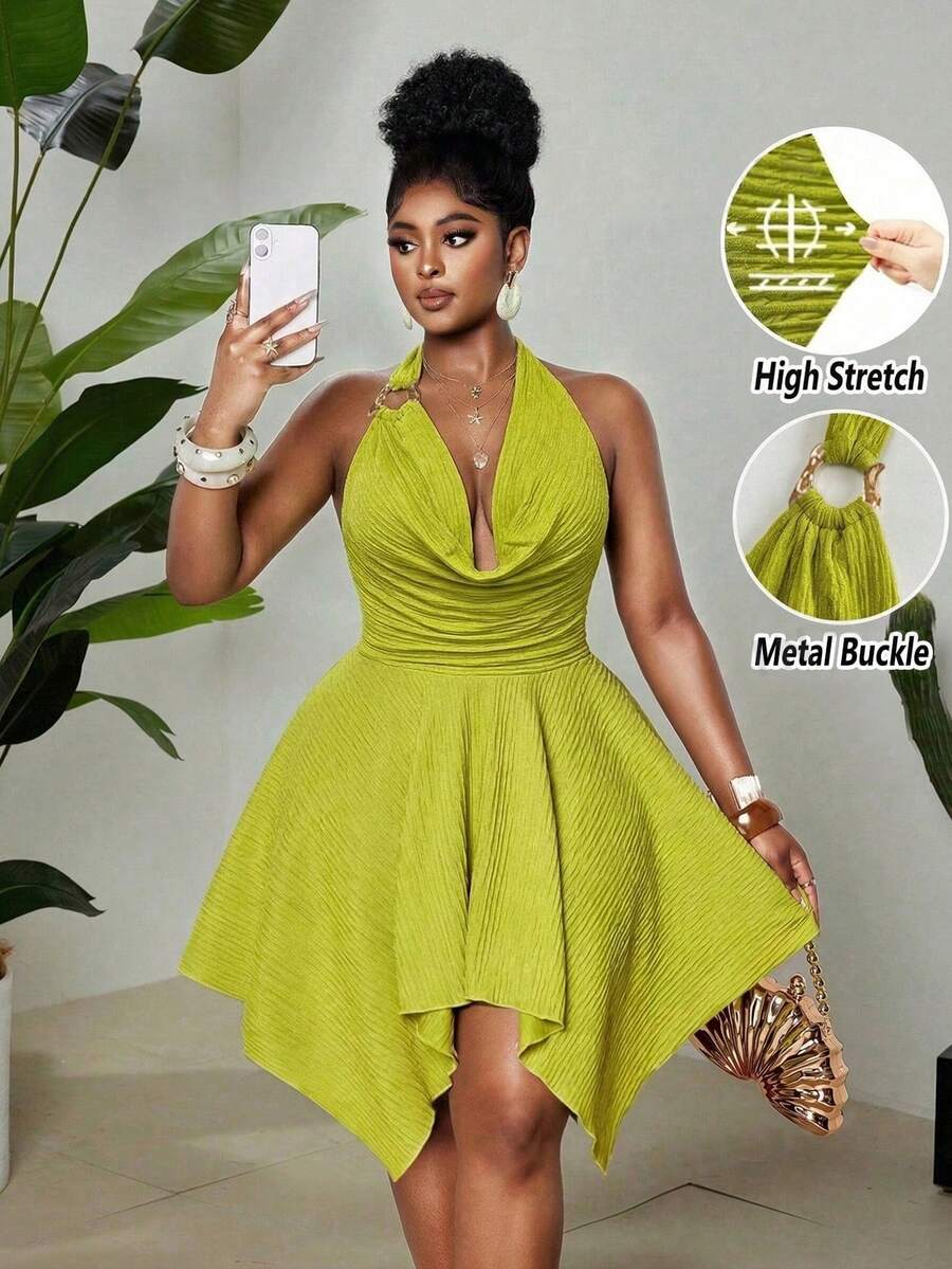 Maweii Plus Size Women's Olive Green Summer 70's Night Out Club Party Elegant Jacquard High Stretch Halter Neck Dress,Metal Decor,Backless Asymmetric Hem - Green - View 1
