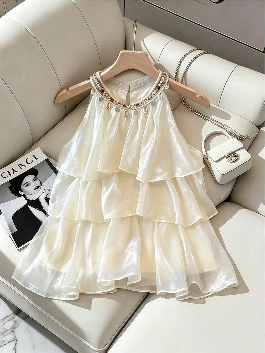 GlowEve French Vacation Style Sleeveless Layered Ruffle Blouse - Light Yellow - View 1