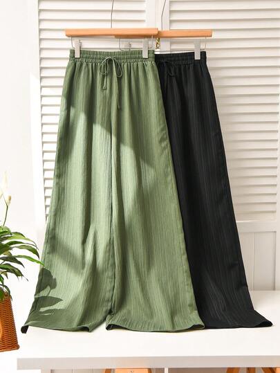 CosyJoli Women's Casual Loose Chiffon Pants, Black And Green, Elastic Waist, Wide Leg, Spring/Summer Summer Outfits For Women Beach Outfit For Women Holiday Outfits For Women Women's Country Pants Country Style For Women Black Pants