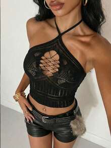 EgrlEra Sexy Vacation Style Green Jacquard Halter Neck Blouse For Women - Black - View 7