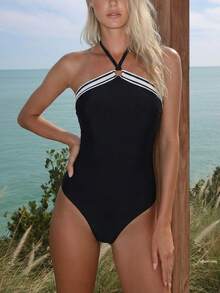 Brillora Women's Black And White Stripe One Piece Bathing Suits, Coastal Chic Coastal Summer Holiday Swimwear, Conservative Tummy Control Spaghetti Strap Beach - Black and White - View 3