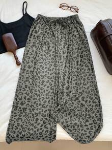 SHEIN EZwear 女款休閒灰色豹紋抽繩腰鬆垮長褲 - 灰色 - 查看 7