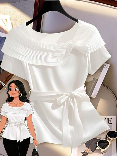 GlowEve CURVE Camisa elegante de oficina con lazo en la cintura, unicolor, para mujer de talla grande