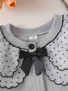 Elladie kids 2pcs Young Girls Gray Ribbed Knit Lace Collar Long Sleeve T-Shirt Cardigan & White Lace Denim Set, Casual Ladylike Style For Spring/Autumn - Grey - View 6