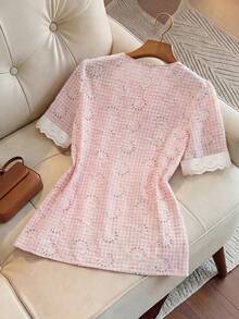 GlowEve CURVE Women's Blush Pink Summer Elegant Formal Tea Party Blouse,Sweet Openwork Short-Sleeved Shirt With Lace Trim Neckline,Relaxed Fit For Dates Beach - Pink - View 2
