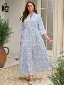 EMERY ROSE 大码女式印花V领喇叭袖连衣裙，度假风 - 藍白色 - 查看 4