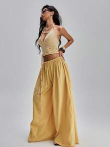 TypaGal Pantalones casuales anchos de cintura con cordón de unicolor para mujer - Amarillo - Ver 5