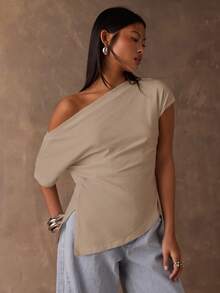 SHEIN BAE Women's Solid Color Asymmetrical Shoulder Side Slit Hem Casual T-Shirt,Summer Top - Khaki - View 6