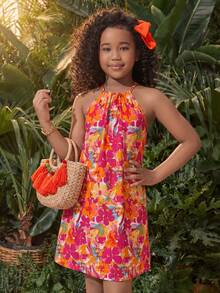 SHEIN Vestido halter de gasa con estampado floral diminuto para niñas preadolescentes de vacaciones - Multicolor - Ver 7