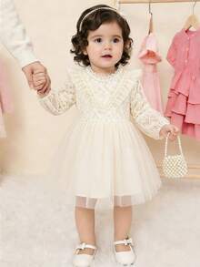 Đầm lưới jacquard họa tiết hoa kiểu công chúa ngọt ngào cho bé gái, màu mơ, thích hợp cho các chuyến đi chơi mùa xuân, chụp ảnh, tiệc sinh nhật và nhiều dịp khác. - Màu be - Xem 1