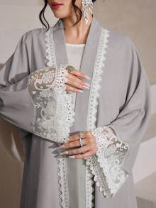 Al Najma Water-Soluble Lace Cardigan, Solid Color Elegant Dubai Style Abaya Robe, Long Sleeve - Grey - View 1