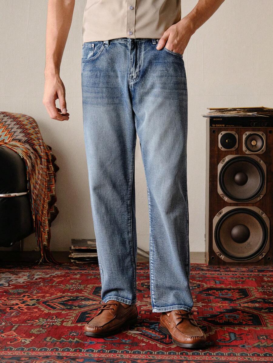 VeloEdit 男士极简主义前扣口袋牛仔裤，休闲日常穿着，复古富贵风。 - 藍色 - 查看 1