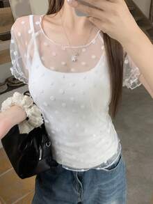 DAZY 女士波点网纱圆领插肩袖时尚衬衫 - 白色 - 查看 3