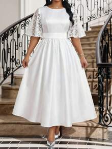 Fleurora Plus Size Elegant Contrast Lace Cinched Waist White Summer Silky Dress For Women,Wedding Guest,Bridesmaid,Graduation,Party & Festival Outfits - Multicolor - View 3