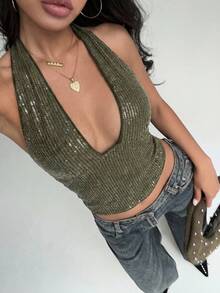 Aloruh Elegant Knit Party Top For Women, Military Green,Summer Top,Beach Outfits,Sequin Top,Sparkly Tops, Slim Fit, Pullover Style. Suitable For Dates, Nightclub Looks, Everyday Wear, Casual Tank Top, And Sexy Camisole Style. Sexy Tops For Club Women Sexy Tops Cami Tops,Y2K,Country Concert Outfit,Trending Outfit - Green - View 5