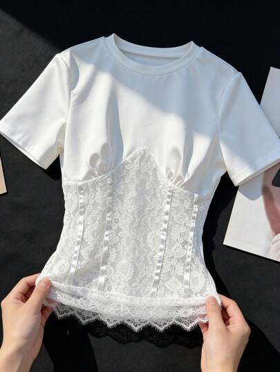 Modelyn Lace & Mesh Patchwork Waist Cinching Round Neck Sexy Short Sleeve Unique Sheer Design Women T-Shirt