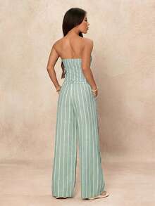 SHEIN PETITE Women's Minimalist Striped Bandeau Top And Pants 2 Pieces Set - Mint Green - View 2