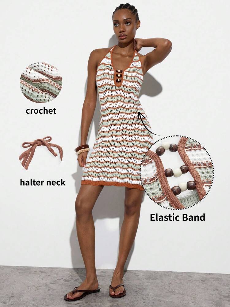 SHEIN Maija Women's Summer Wave Striped Contrast Color Halter Knit Dress