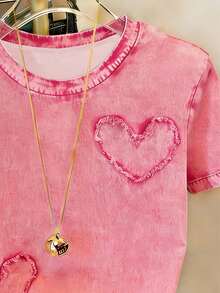 女士爱心毛边下摆圆领休闲短袖T恤 - 彩色 - 查看 4