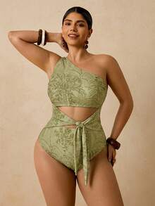 Travachic Plus Size Tropical Green Plant Print Asymmetric Neck Hollow Out Tie-Front One-Piece Swimsuit, Vacation Outfit Summer Beach - Green - View 6