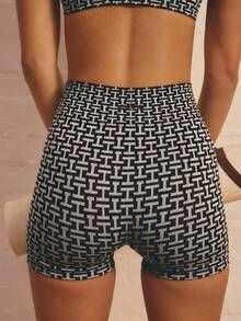 SHEIN Aralina-E 2 Pieces Set Leisurewear Seamless Pattern Intarsia Active Spring Summer Exercise Vacation Beach Binding Detail Crop Strappy Bike Short Two Pieces Set Chocolate - Black and White - View 10