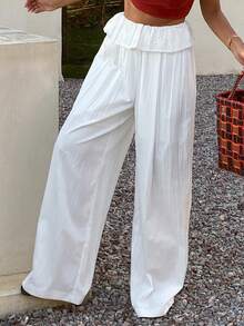 Livesso Women's Solid Color Waist Ruffle Hem Wide Leg Pants - White - View 6