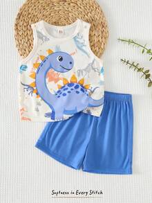 Cozy Pixies 男童卡通恐龙图案针织柔软圆领无袖背心和松紧腰短裤两件套 - 彩色 - 查看 8