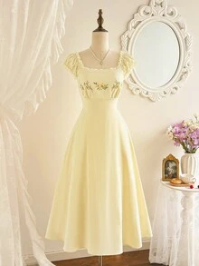 xheVintamour Vestido elegante vintage de mujer con bolsillos, con adorno de encaje bordado, vestido casual de fiesta, vestido amarillo, vestido de té, vestido bordado, vestido del Día de la Madre, vestidos de verano para mujer, ropa de verano, atuendos de verano para mujer, atuendos de festival para mujer, vestidos de festival, atuendo del Día de la Madre, vestidos elegantes para mujer, vestidos casuales para mujer, atuendos de vacaciones para mujer, atuendos de vacaciones para mujer, vestidos de país, estilo de país para mujer, vestido de país para mujerxhe - Amarillo claro - Ver 3