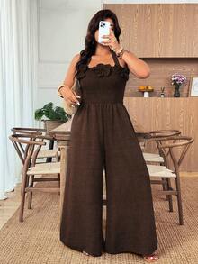 Weeklong Plus Size Women's Elegant Lightweight Vacation Strapless Ruffle Hem Top Paired With Elastic Waist Wide Leg Pants, Spring/Summer - Brown - View 5