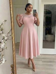 SHEIN Lady 大码女式纯色圆领花瓣袖优雅连衣裙 - 粉色 - 查看 5