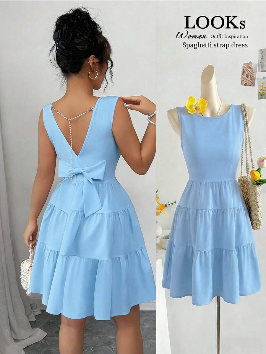 Elenzga 1pc Women's Solid Color Spaghetti Strap Dress, Fashionable For Summer - Blue - View 1