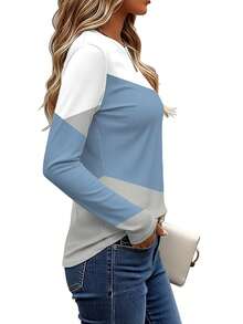 EMERY ROSE Set de 3 camisetas de manga larga para mujer, con diseño de bloqueo de color y estampado de patchwork, diseño de patrón clásico, versátil, adecuado para uso al aire libre, viajes y uso diario, cómodo - Multicolor - Ver 9