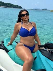 Swim SXY 2026新款加大码女式两件套纯色蓝色时尚度假日常休闲聚拢钢圈可调节加宽肩带金属装饰高腰三角比基尼套装 - 藍色 - 查看 3