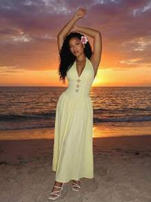 SHEIN BamGlam 新款性感沙滩装拼接系带束腰连体裤 - 淡黃色 - 查看 7