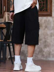 Manfinity ZONE917 Men's Casual Versatile Everyday Wear Wide Leg Denim Shorts With Pockets And Palm Print - Black - View 2