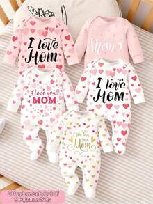 【随机5套，送2套】新生儿连体衣，甜美爱心+温馨亲子文字印花，清新可爱ins风，长袖连脚设计，前开襟按扣方便穿脱，适合居家、外出、家庭照、节日礼物 - 彩色 - 查看 5