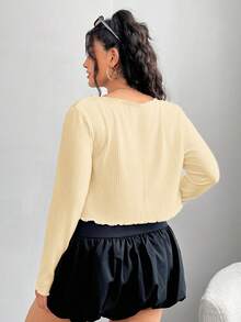 SHEIN EZwear 大码女式芥末黄长袖单排扣T恤 - 鵝黃色 - 查看 2