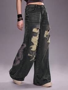 ROMWE Grunge Punk Punk Street Vintage Washed Cross Print Low Waist Oversized Fit Jeans - Multicolor - View 5
