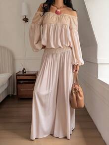 Livesso Sequin Patchwork Off-Shoulder Long Sleeve Top And Wide Leg Pants 2 Pieces Set For Women - Apricot - View 4
